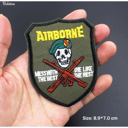 Skull Army Green Airborne Military Patches Iron on for Clothing Embroidered Applique Badges for Jacket Jean Stickers