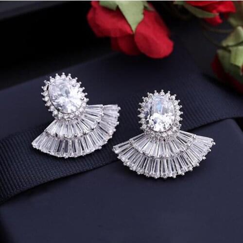 Top Quality Full Pave Cubic Zircon Earrings Studs Fan-shaped Design Female Fashion Dinner Gorgeous Banquet Bridal Earrings