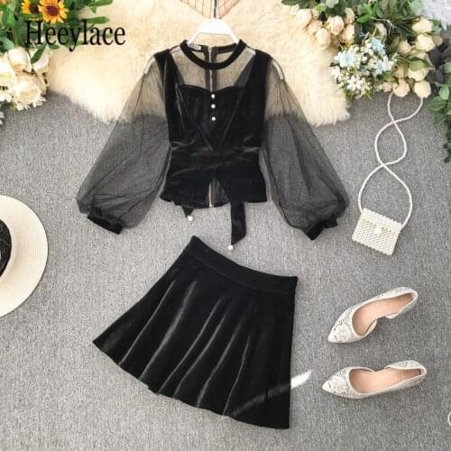 Women velvet black set 2019 mesh patchwork puff sleeve shirt and high waist skirt two pieces set women sexy party outfits