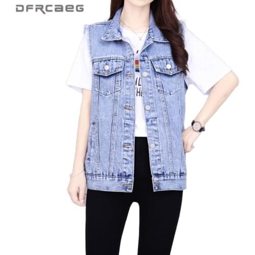 Black Plus Size Vintage Jeans Vest Woman 2021 Summer Sleeveless Denim Jackets Loose Streetwear Waistcoat Female
