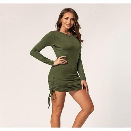 Women Autumn Undershirt Short Dress O Neck Long Sleeve Dresses Solid Color Casual Pleated Dress Skinny High Waist Dresses Robe