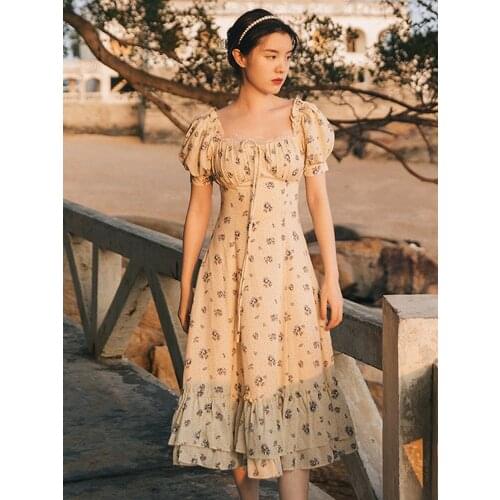 2021 Summer New Womens Bohemian Travel Vacation Beach Style Dress Square Neck Puff Sleeve Chiffon Print Midi Dress