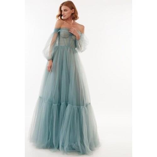 Sevintage Long Puffy Sleeves Prom Dresses 2021 Off The Shoulder Tiered Tulle Evening Dress Corset Back Women Wedding Party Gowns
