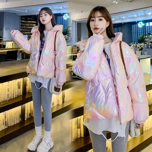 2020 Winter Pink Coats Fashion Hooded Parkas Harajuku Jacket Women Shinny Padded Cotton Coat Kawaii