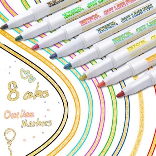8 Colors Gold Super Squiggles Outline Metallic Markers Double Line Magic Shimmer Paint Pens Calligraphy School Art Supplies Gift