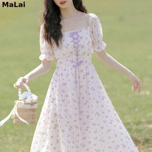 Elegant Sweet Midi Dress Women Casual Short Sleeve One Piece Dress Female Evening Party 2021 Summer Korean Beach Floral Dresses