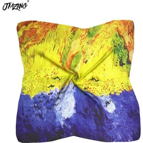 Oil Painting Scarf Women Luxury 70*70cm Square Silk Scarf Soft Head Wrap Euramerican Fashion New Print Bandana Accessories