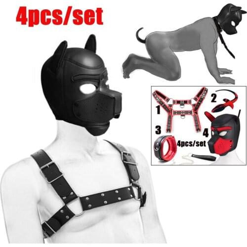 Puppy Play Dog Hood Pet Roleplay Party Mask,Leather Men Chest Harness Strap,Neck Collar Leash,Pup Tail Plug SM Bondage Sex Toys