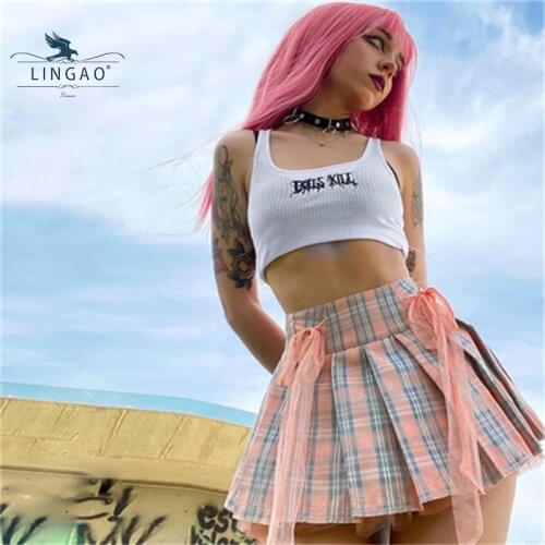 Gothic Plaid Pink Lace Up Mini Skirt for Women Harajuku Sexy Pleated Skirt Fashion Girl Aesthetic High Waist Skirt юбка в клетку