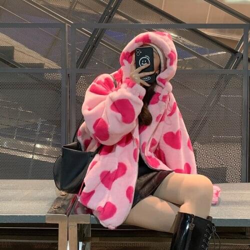 Fashion models imitation rabbit fur autumn and winter 2021 new love plush jacket womens loose hooded padded coat