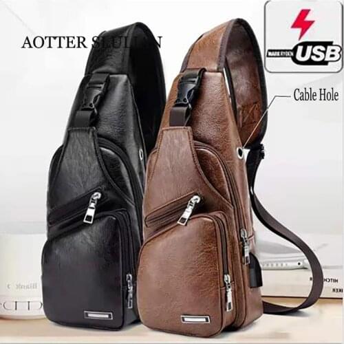 Male Crossbody Phone Charging Bag Chest Sling Designer Messenger Bag PU Leather Shoulder Bags Custom Anti-theft Back Pack Travel