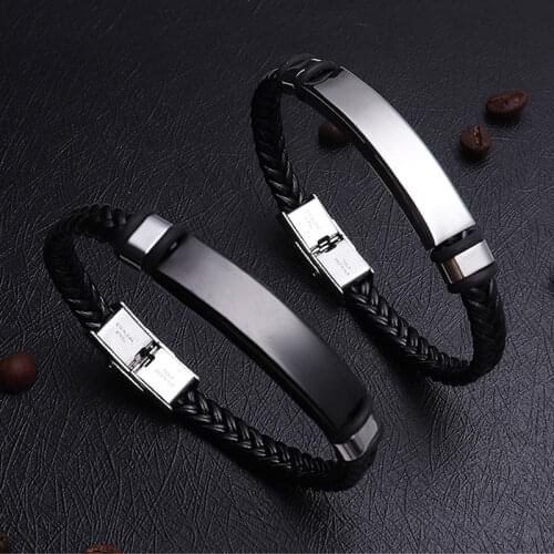 Punk Men Jewelry Black Braided Leather Bracelet Black/Silver Color Stainless Steel Charm Buckle Fashion Bangles Women