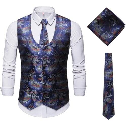 Mens Luxury 3pcs Paisley Vest Necktie Pocket Square Set Brand Slim Fit Wedding Party Dress Suit Vest Waistcoat Chaleco Hombre