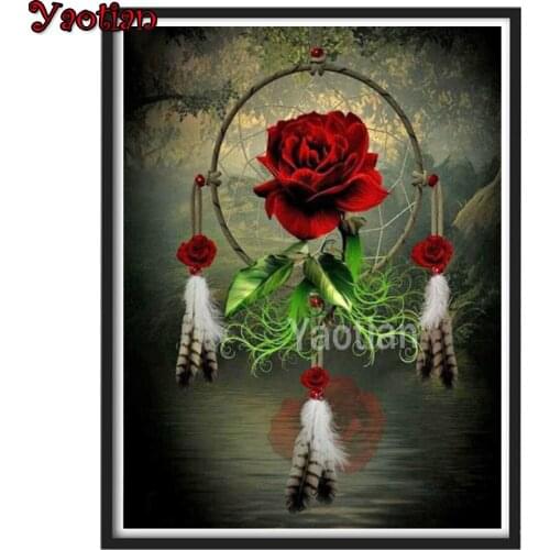 Rose Dream Catcher Diamond Painting Kit,5D DIY Diamond Embroidery Complete Round/Square Diamond Mosaic,Flower Cross Stitch