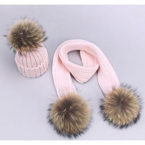 Autumn and Winter Parent-Child Knitted Hat Scarf Set Two-Piece Suit Raccoon Real Fur Ball Acrylic Beanie winter hats for women