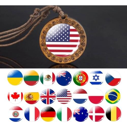 National Flag Necklace USA UK Canada France Spain Flag Glass Wooden Pendant Necklace Flag Jewelry for Men Women