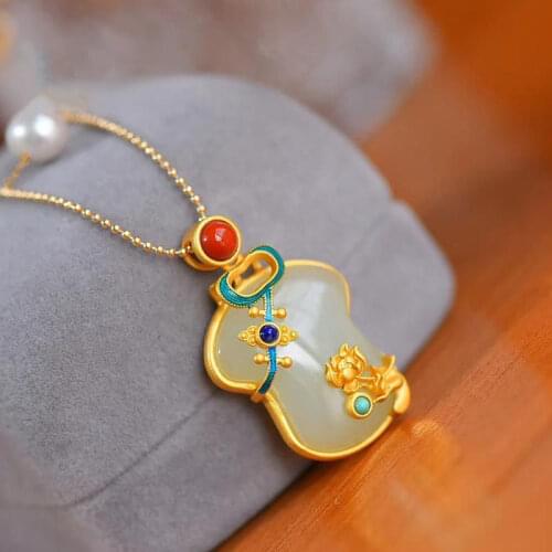 Elegant Graceful Hetian Jade Cheongsam Pendant Double Layer with Freshwater Pearl S925 Silver Necklace Classical Charm Female