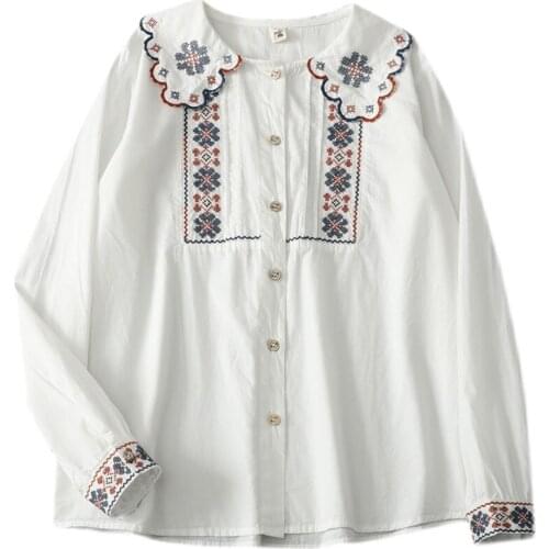 FairyNatural Women Unique Vintage Geometric Embroidery Cotton Shirt Blouse Long Sleeve Ladies Casual Tops Autumn Spring