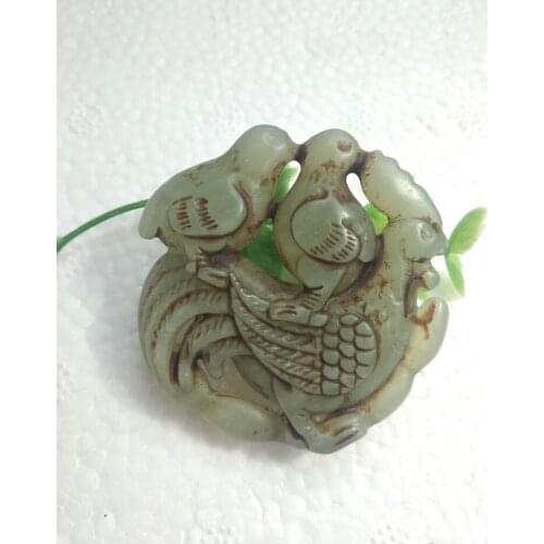 Vintage jade Pendant solid Amulet Carven 2 bird baby with bird mom Talisman hanging Lucky Biess