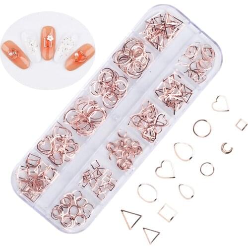 Rose Gold Alloy Nail Studs Geometry Circle Star Round Cross Starfish Shell Rose 12 Grids 3D Nail Art Rivets Hollow Decoration