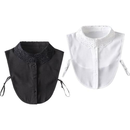 094B Korean Style Chiffon Half Shirt Dickey Women Emboridery Lace Hollow Out Lapel False Collar Button Down Detachable Blouse