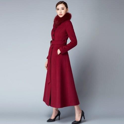 2020 Winter Fox Fur Collar Warm Woolen Dust Coat Full Length Stand Collar Classic Coat Female Wool Coat Long Jacket For Women