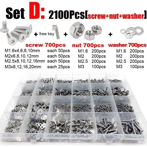 400/2100 M1.6 M2 M3 M4 M5 304 Stainless Steel Hexagon Hex Socket Ultra Thin Flat Wafer Head Screw Bolt Nut Washer Assortment Set