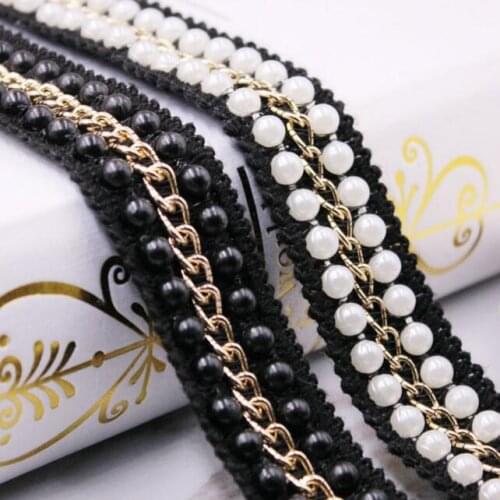 50yards/lot Gold Metal Chain Lace Black White Pearl Beaded Lace Trim Ribbons DIY Accessories Lace Decoration Clothes Bags Shoes