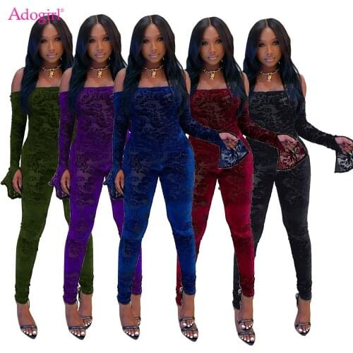 Adogirl Sexy Sheer Mesh Velvet Off Shoulder Jumpsuit S-3XL Strapless Long Split Sleeve Skinny Romper Fall Night Club One Piece