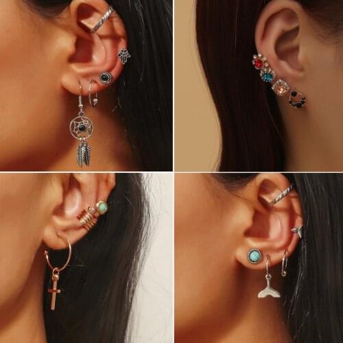 Boho Vintage Geometric Gold Stud Earrings For Women Star Sun Cross Circle Earrings Set Brincos Female Jewelry