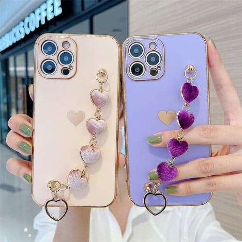 Candy Color Electroplated Love Heart Plush Wrist Bracelet Phone Case For iPhone 11 12 Pro Max Mini X XS XR 7 8 Plus SE 2020 Back