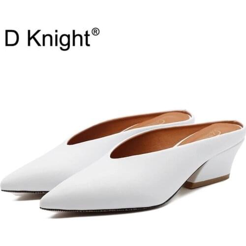 D Knight 2020 Women Brand Slippers Med Heel Women Casual Slipper Slip On Mules Slides Sexy Pointed Toe Pumps Single Shoes Sandal