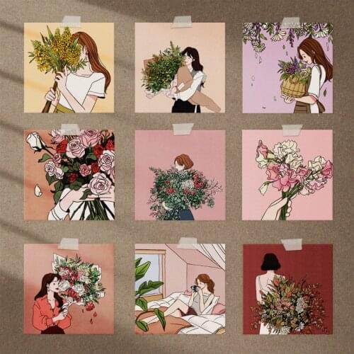 Korean Ins Gentle Girl Flower Illustration Postcard Square Bookmarks Diy Decorative Card Room Wall Sticker Photo Props 9 Sheets