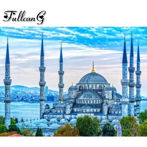 FULLCANG diy 5d diamond mosaic diamond painting blue mosque full diamond embroidery house cross stitch kit home decor FC2078