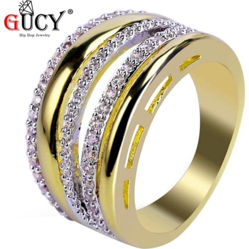 GUCY New Style Fashion Gold Color Micro Pave Cubic Zircon Stones Ring All Iced Out 13mm Width Hip Hop Bling Rings For Women