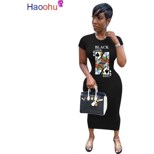 HAOOHU 2020 Fashion Casual Woman Dress poker print o-neck midi Bodycon Dress Women Punk Party Dress Clothes Vestido De Mujer