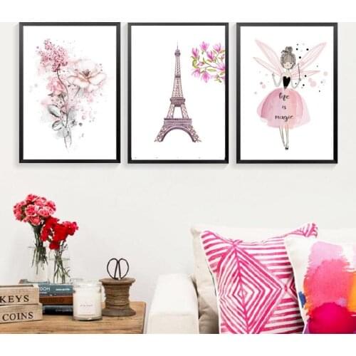 Unframed Canvas Art Print Painting Poster Of Watercolor Girl And Eiffel Tower,Flowers Wall Pictures For Girls Room Decoration