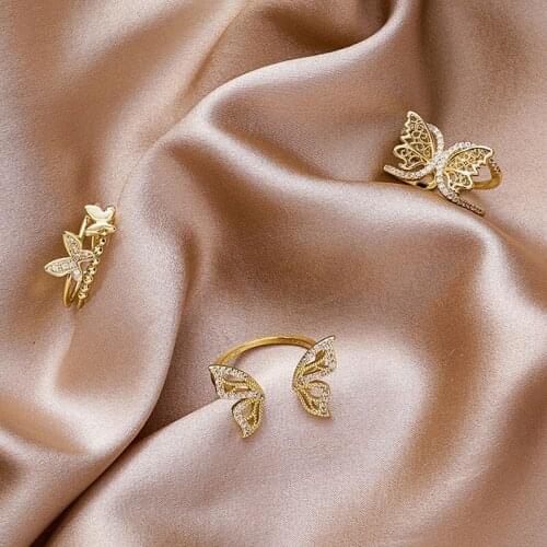 Fashion Elegant Butterfly Rings For Women Sweet Cool Cute Insect Rhinestone Studded Adjustable Opening Ring Good Gift