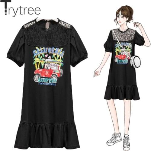 Trytree 2021 Summer Womens Dresses Casual Fashion Printed O-Neck Cotton Blend Lace Patchwork Puff Sleeve Ruffled Hem Black Dress