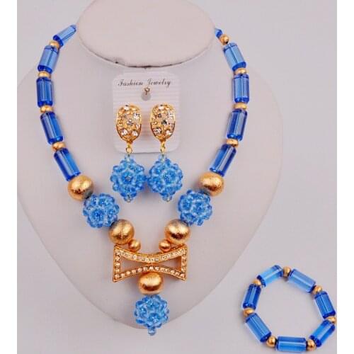 Fashion Sky Blue African Jewelry Set Nigerian Traditional Wedding Beads Set Necklaces SJZQ5-6