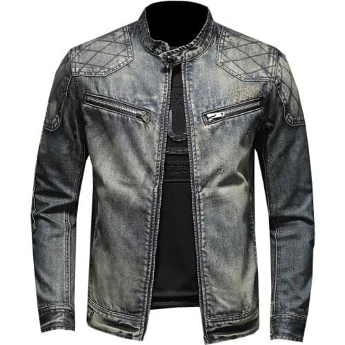 Mens Blue Denim Jacket Classic Motorcycle Windbreaker Stand Collar Retro Slim Fit