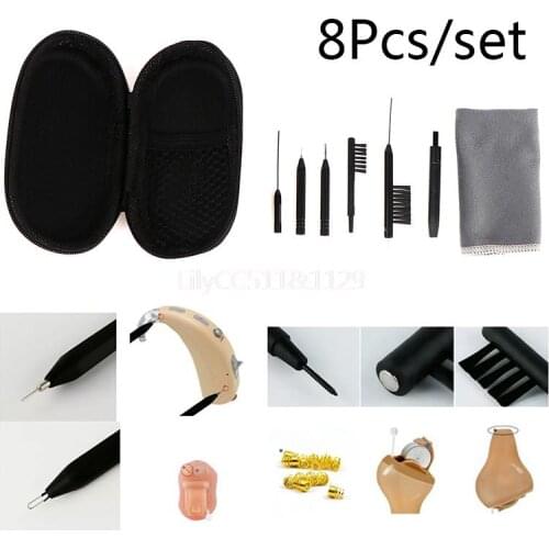 8pcs Hearing Aid Cleaning Kit Brush Vent Cleaner Wire Magne Wax Loop Tools Set