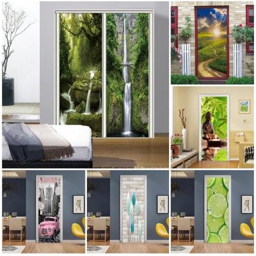 Bedroom Wardrobe Pushing Door Sticker Forest Natural Landscape Pink Car Buddha Statue Art Printing Wallpaper Home Decor Poster
