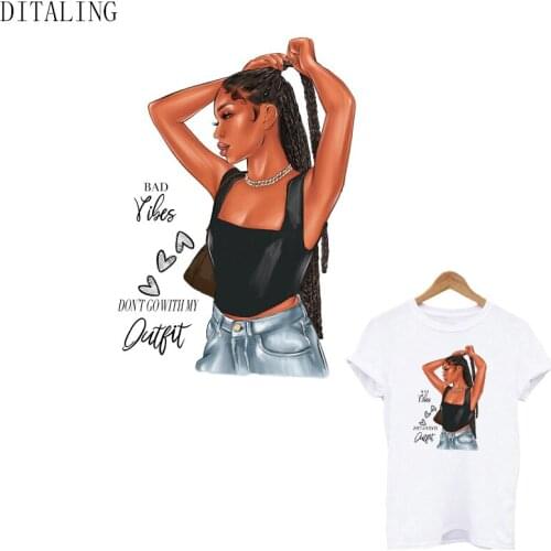 Patch For Clothing Fashion Black Girl Iron On Transfer Stickers DIY Women T-Shirt Tops Decals Thermal Sticker On Clothes Patches