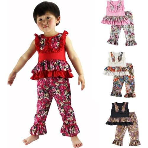 New Kids Clothes Wennikids Retail Baby Girl Children Clothing Floral Design Tank Top Shirt And Ruffle Pant Set Girls Sets