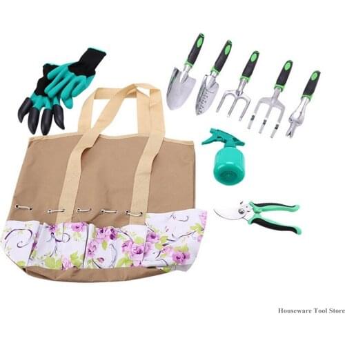 New 9PCS Garden Tools Set Transplanting Tool Heavy Duty Wooden Handle Tote Digging Gloves Trowel Hand Weeder Cultivator Included