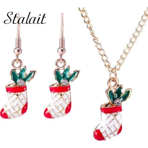Trendy Santa Claus Christmas Socks Earrings Necklace Set For Women Hook Gold Color Link Chain Necklace Earrings Party Gifts