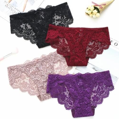 TEXIWAS 4pcs fancy Lace Panties Women Underwear Sexy Hollow Transparent Briefs Female Package Hip low-Rise Panty Bikini Panties