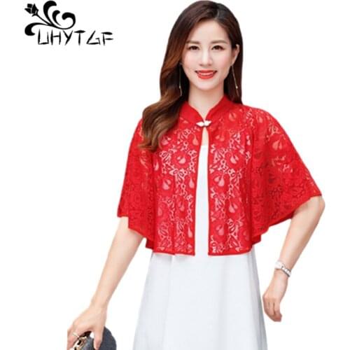 UHYTGF Fashion Lace Shawl Cloak Summer Jacket Women Hollow Thin Tops Solid Color Wild Elegant Female Short Coat Plus Size 1493