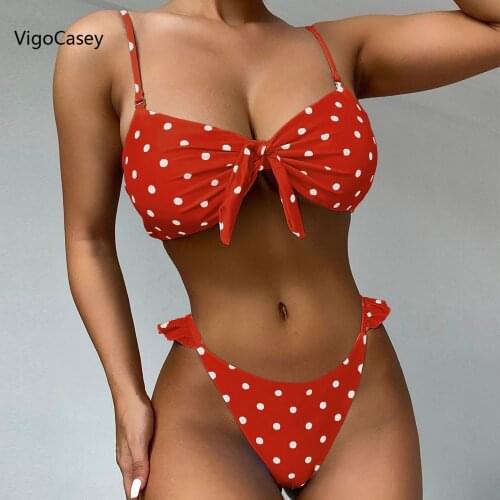VigoCasey Red Swimwear Women Dots Bikini 2021 Low Waist Swimsuit Female Push Up Bikini Tied Set Bathing Suit Swim